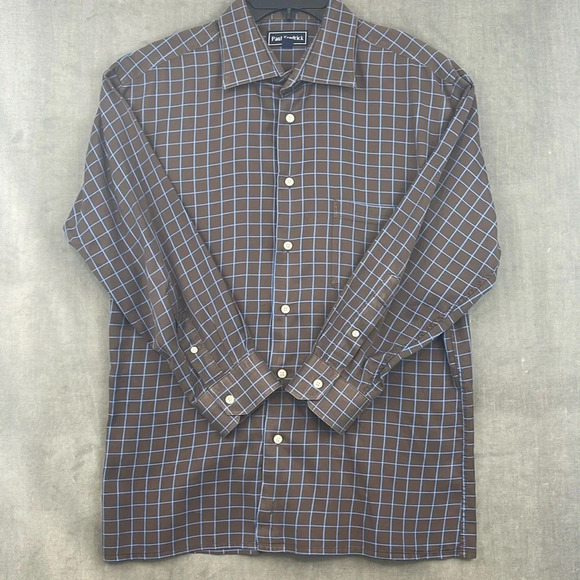 Paul Fredrick Men’s LS Oxford Dress Shirt Brown Blue Check Size 17-32 Trim Fit - Picture 1 of 8